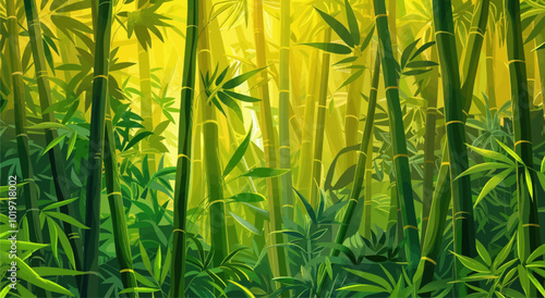 Bamboo Forest with Sunlight Streaming Through 
