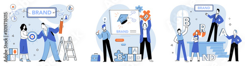 Brand building vector illustration. Promo, announcement, echoes progress and achievements ongoing brand building Brand building concept, compass, guides direction and purpose brand construction