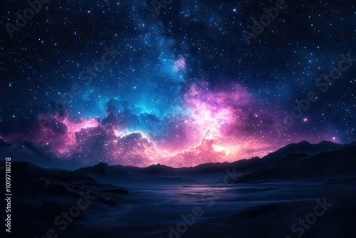 starry night sky illuminated by vibrant northern lights and shooting stars creating a breathtaking celestial spectacle with ample dark space for text or additional elements