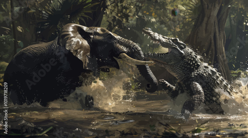 Elephant vs Crocodile in the River 

