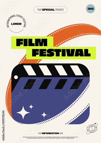 Movie and film festival poster template design decorated with film slate and filmstrip minimal style