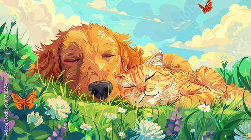 Dog and Cat Sleeping in a Field of Flowers 
