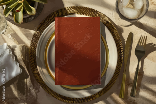 Red Book on Plate with Gold Trim  
