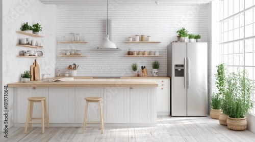 Modern kitchen with white walls, wooden accents, and plants for a fresh, inviting atmosphere.