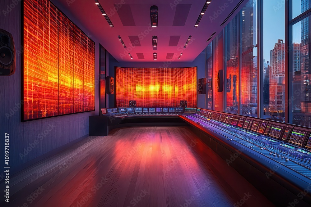 stateoftheart recording studio control room sleek modern equipment ambient lighting sound waves visualized on large screens stateoftheart recording studio control room sleek modern equipment ambient lighting sound waves visualized on large screens
