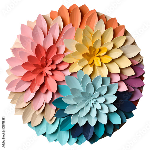 Origami craft art with beautiful overlapping leaves, pastel colors of blue, pink, orange, yellow and purple.