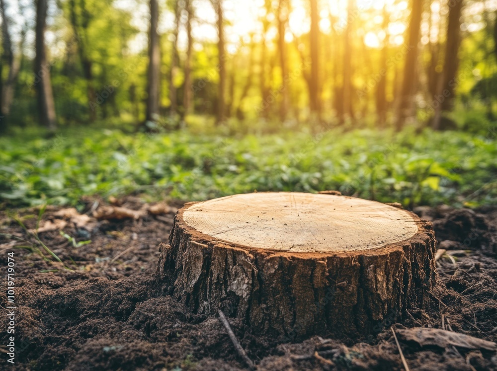A tree stump in a sunlit forest, surrounded by greenery and soft earth. A tree stump in a sunlit forest, surrounded by greenery and soft earth.