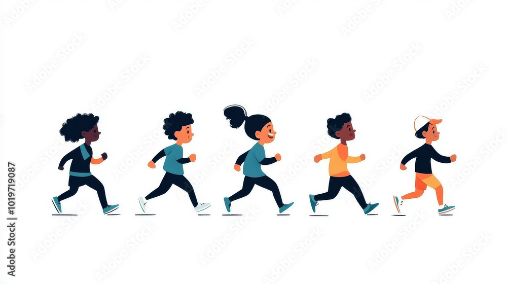 Five children run side by side, smiling and looking determined. Five children run side by side, smiling and looking determined.