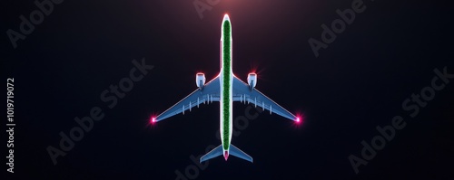 Airplane on dark background, overhead view, modern design. photo