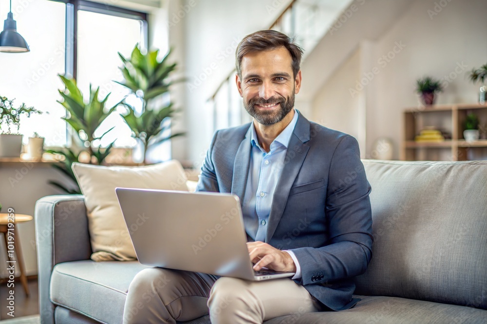 Caucasian man in suit on couch working on laptop professional and business casual Caucasian man in suit on couch working on laptop professional and business casual