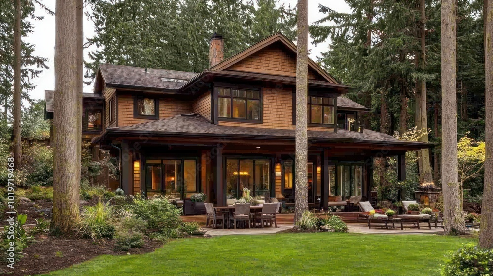 A beautiful two-story house surrounded by tall trees and a well-maintained garden. A beautiful two-story house surrounded by tall trees and a well-maintained garden.
