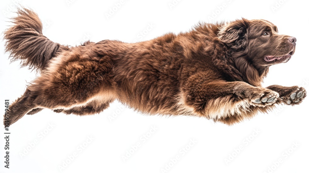 Fototapeta premium A brown dog leaping gracefully against a white background, showcasing agility and energy.