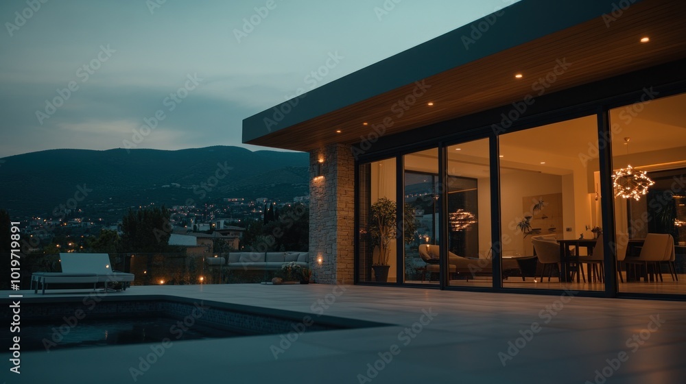 Modern home exterior at dusk with pool and mountain view. Modern home exterior at dusk with pool and mountain view.