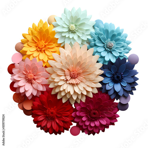 Origami craft art of several gerbera flowers arranged in a circle in pastel colors of blue, yellow, pink, red and fuchsia.