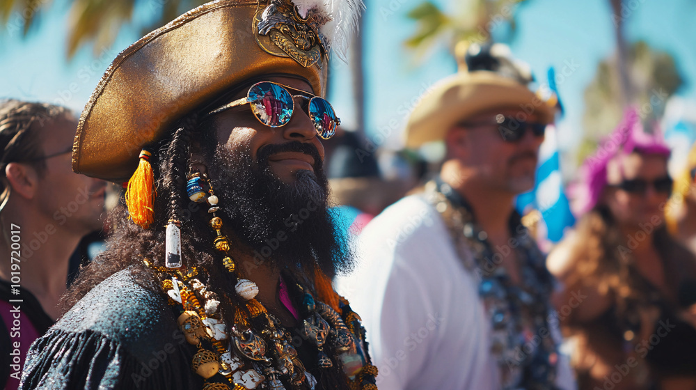 Fototapeta premium colorful pirate with gold hat and sunglasses at carnival