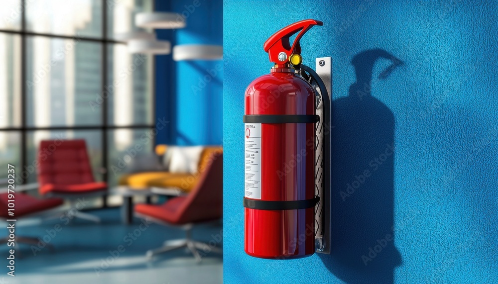 Obraz premium A red fire extinguisher mounted on a blue wall in a modern office space, emphasizing safety and preparedness.