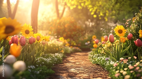 garden scene featuring a path lined with bright yellow sunflowers and colorful tulips basking in golden sunlight 