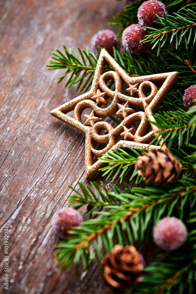 Christmas decoration on rustic wooden background. Close up. Christmas decoration on rustic wooden background. Close up.