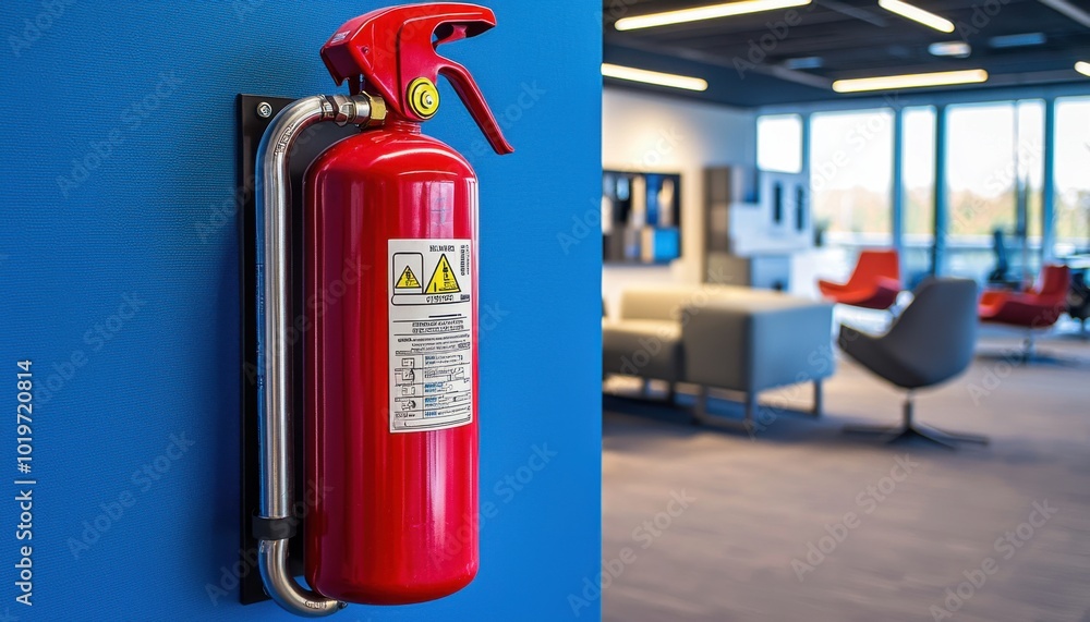 A red fire extinguisher mounted on a blue wall in a modern office space, emphasizing safety and preparedness. A red fire extinguisher mounted on a blue wall in a modern office space, emphasizing safety and preparedness.