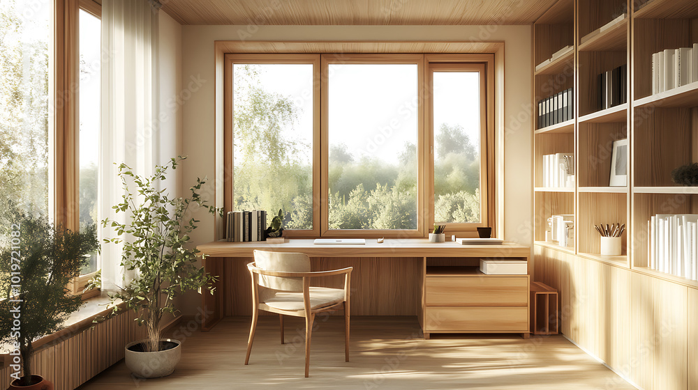 Fototapeta premium bright Scandinavian home office featuring simple desk, natural light, and greenery
