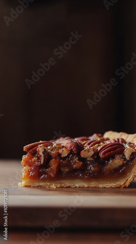 closeup of pecan pie slice on wooden cutting board