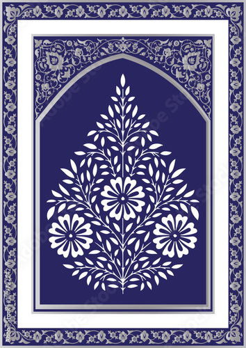 Mughal floral traditional ornament with an arch and motif borders, Seamless floral wall pattern of the Mughal era