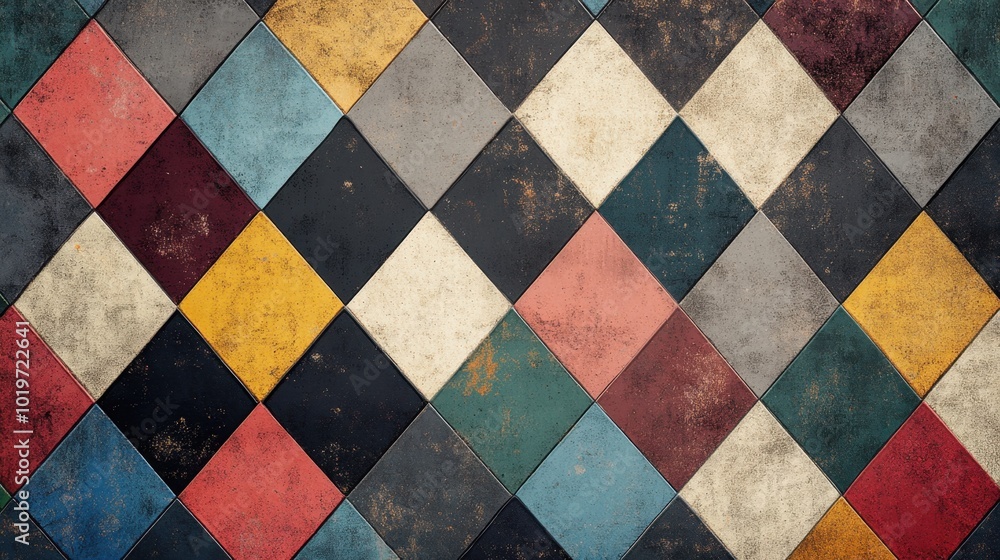Close-up of grunge diamond tile pattern in vibrant retro colors, symbolizing vintage aesthetic. Concept of geometric textures and abstract design. Close-up of grunge diamond tile pattern in vibrant retro colors, symbolizing vintage aesthetic. Concept of geometric textures and abstract design.