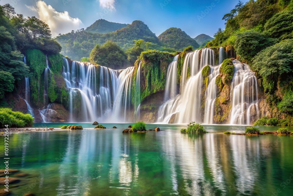 Naklejka premium Beautiful view of Reflected Ban Gioc Waterfall in Cao Bang, Vietnam