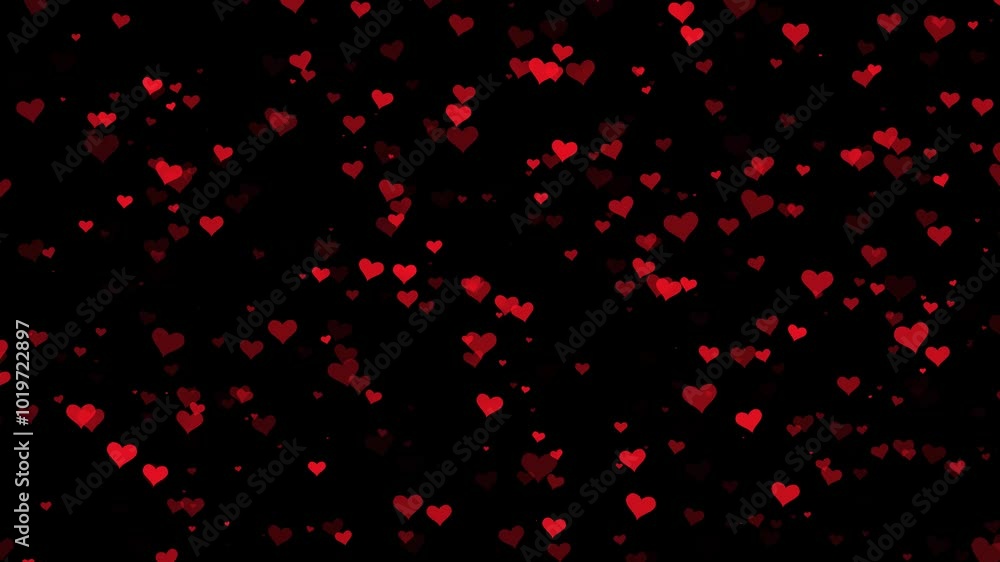 Red hearts pattern loop slow motion on black background. Red hearts pattern loop slow motion on black background.
