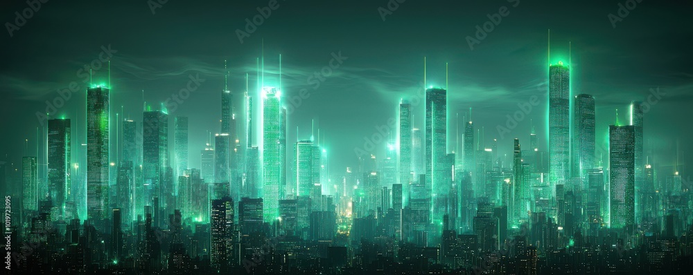 Fototapeta premium Futuristic city skyline with glowing green skyscrapers.