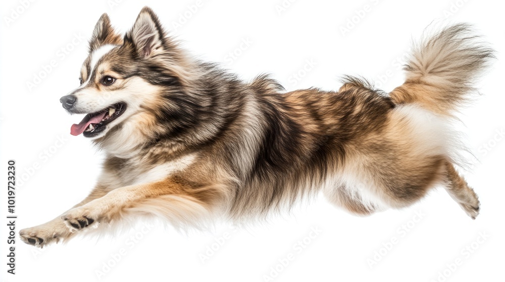 A dog with a fluffy coat joyfully leaping in mid-air against a white background. A dog with a fluffy coat joyfully leaping in mid-air against a white background.