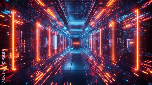 Futuristic Neon Corridor with Glowing Lines and a Digital Feel