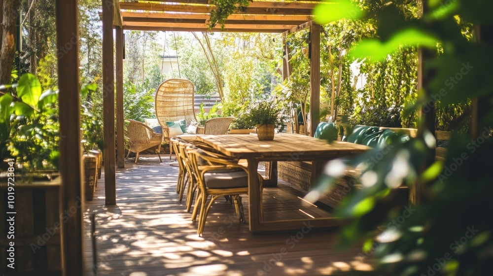 A serene outdoor dining area surrounded by lush greenery and natural light. A serene outdoor dining area surrounded by lush greenery and natural light.