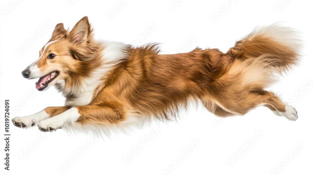 Fototapeta premium A dog joyfully leaping in mid-air against a white background.