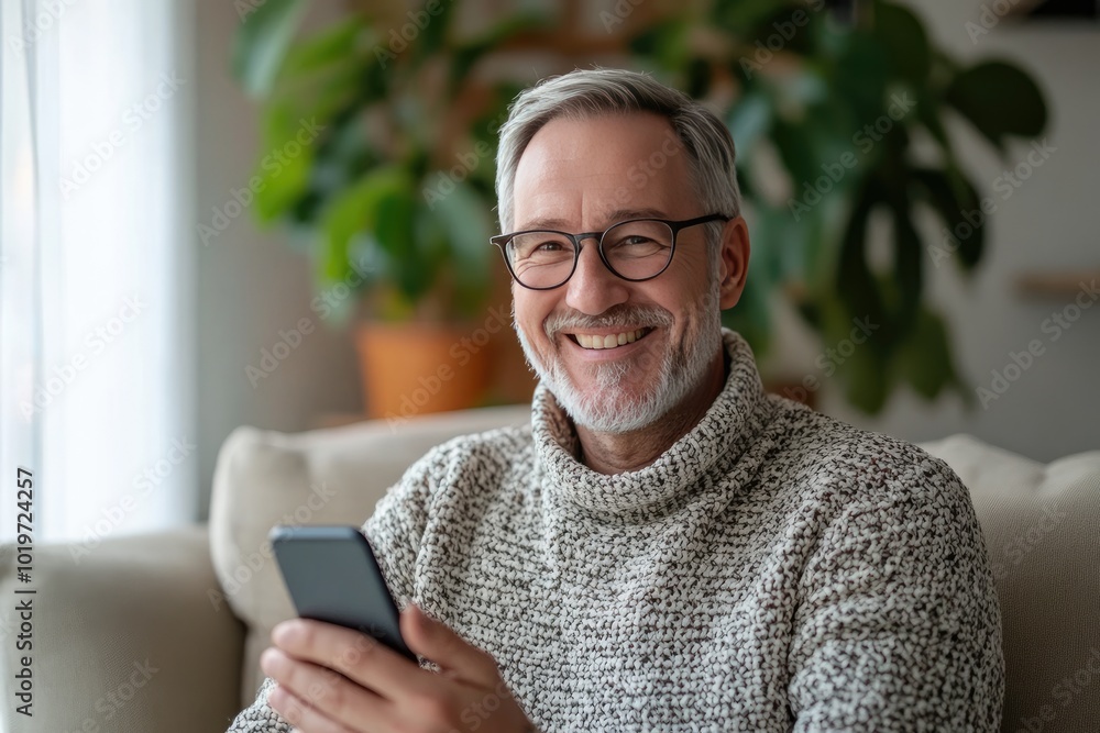 Smiling Man with Grey Hair Holding a Smartphone Smiling Man with Grey Hair Holding a Smartphone