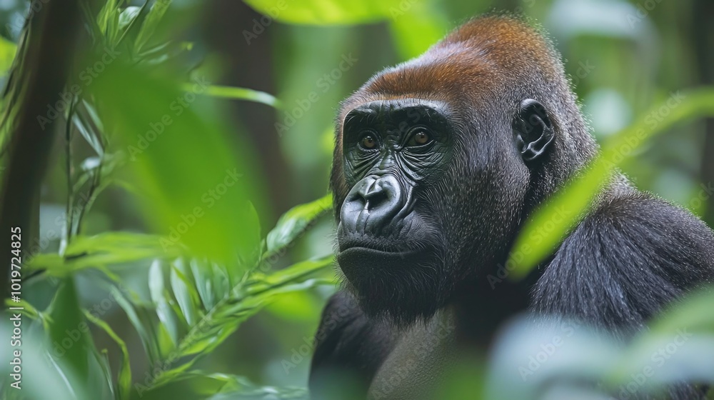 Obraz premium Majestic gorilla among lush green foliage