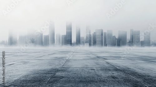 Concrete floor stretching towards a foggy urban skyline, emphasizing modern architecture and urban growth. Concept of city life and development.