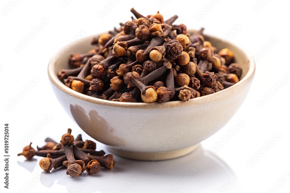 asymmetrical cloves in a bowl on a table isolated on white background asymmetrical cloves in a bowl on a table isolated on white background