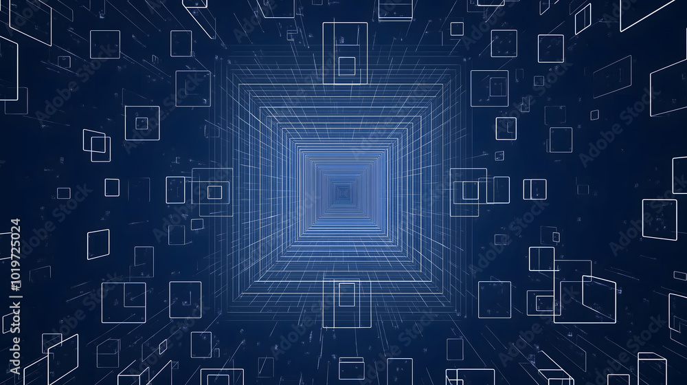 A dark blue background with small white squares, each featuring one large square in the center and four smaller ones arranged around it Generative AI A dark blue background with small white squares, each featuring one large square in the center and four smaller ones arranged around it Generative AI