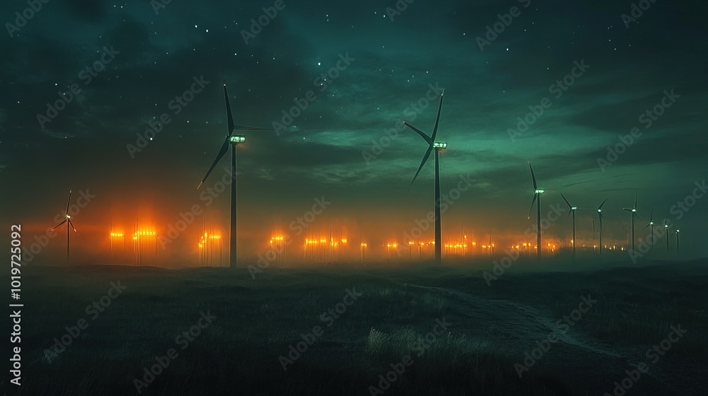 Obraz premium futuristic scene showcasing illuminated wind turbines under a night sky