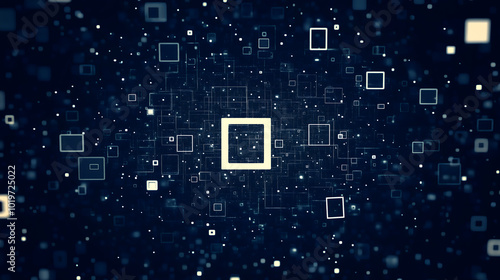 A dark blue background with small white squares, each featuring one large square in the center and four smaller ones arranged around it Generative AI