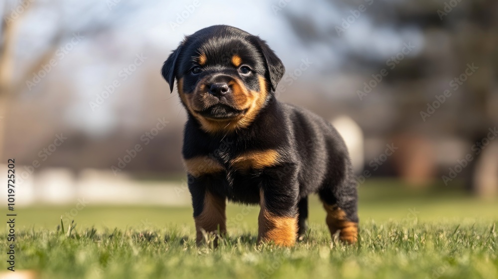 A playful Rottweiler puppy standing on green grass in a sunny outdoor setting. A playful Rottweiler puppy standing on green grass in a sunny outdoor setting.