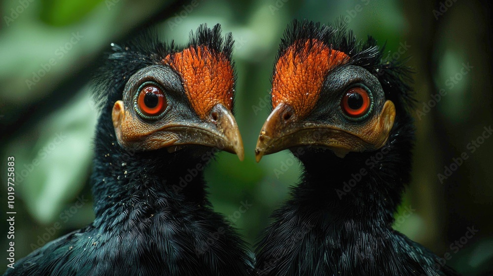 Close-up of two vibrant birds with striking features Close-up of two vibrant birds with striking features