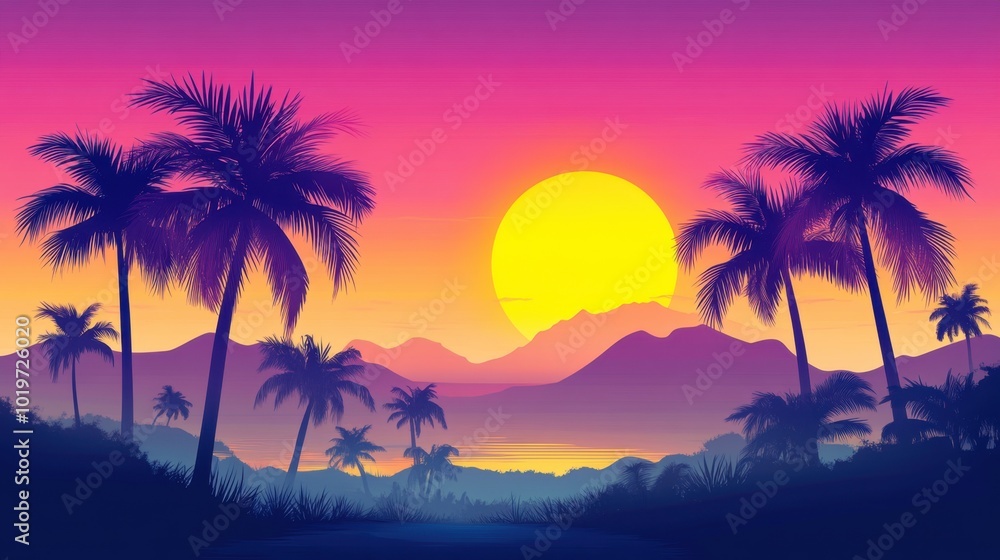 Creative tropical scene with palm tree silhouettes and a neon sunset sky, perfect for a summer travel or rave party atmosphere. Creative tropical scene with palm tree silhouettes and a neon sunset sky, perfect for a summer travel or rave party atmosphere.