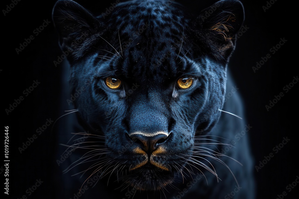 striking front view of a majestic panther captured in high detail against a stark black background embodying strength and elegance perfect for a wild animal banner striking front view of a majestic panther captured in high detail against a stark black background embodying strength and elegance perfect for a wild animal banner
