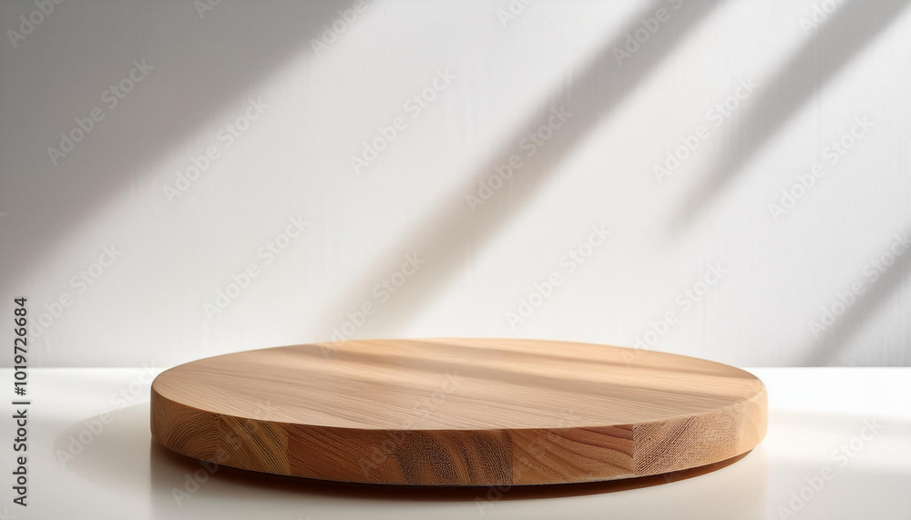 Round wood table top with abstract shadow drop on white wall background for mockup product display Round wood table top with abstract shadow drop on white wall background for mockup product display