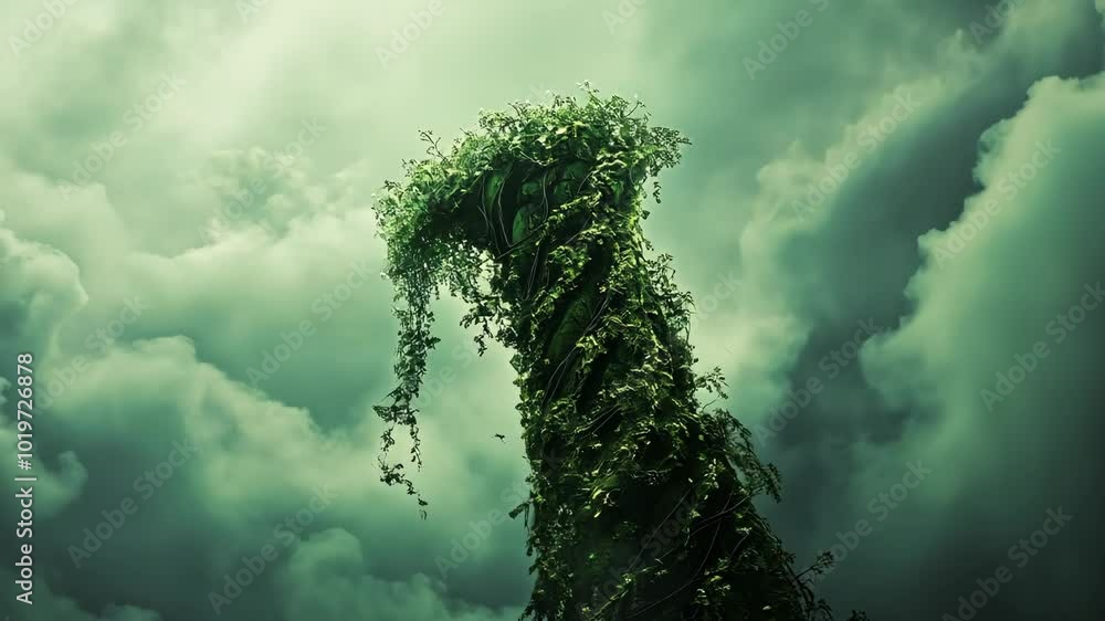 A tall, green tree reaches towards a cloudy sky A tall, green tree reaches towards a cloudy sky