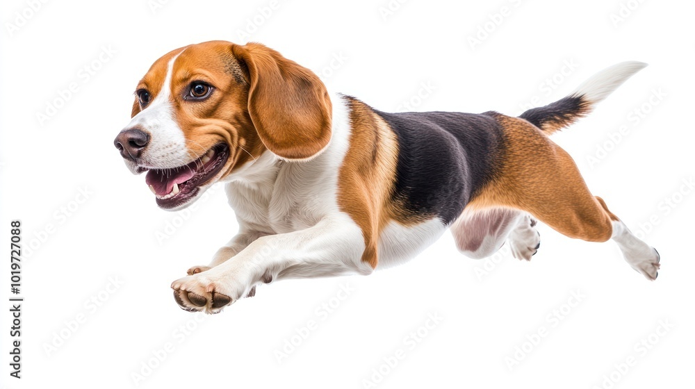 A beagle dog joyfully leaping in mid-air against a white background. A beagle dog joyfully leaping in mid-air against a white background.