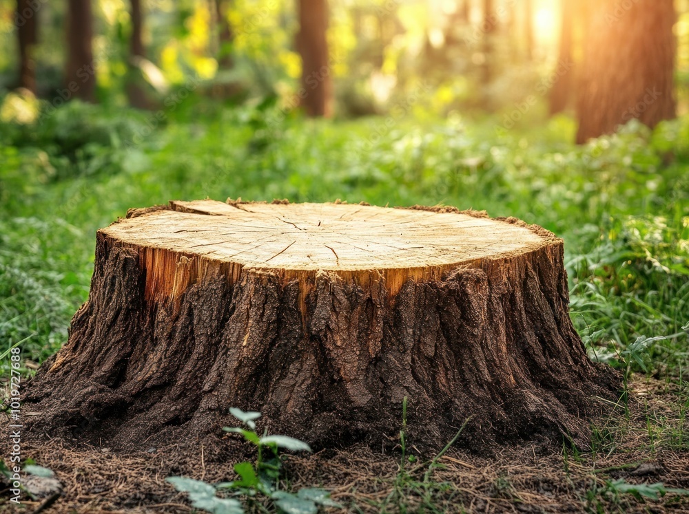 A tree stump surrounded by lush greenery in a sunlit forest. A tree stump surrounded by lush greenery in a sunlit forest.