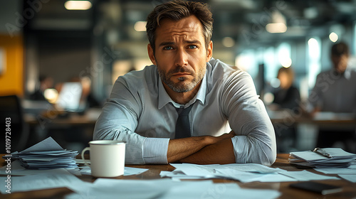 A businessman sits at an office table, surrounded by papers, a laptop, and a cup of coffee, deep in thought while strategizing for an upcoming project. The image captures the essence of professionalis photo